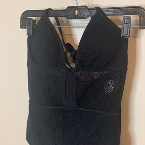 Black Deep Plunge Halter Lace One-Piece Bathing Suit Size Small